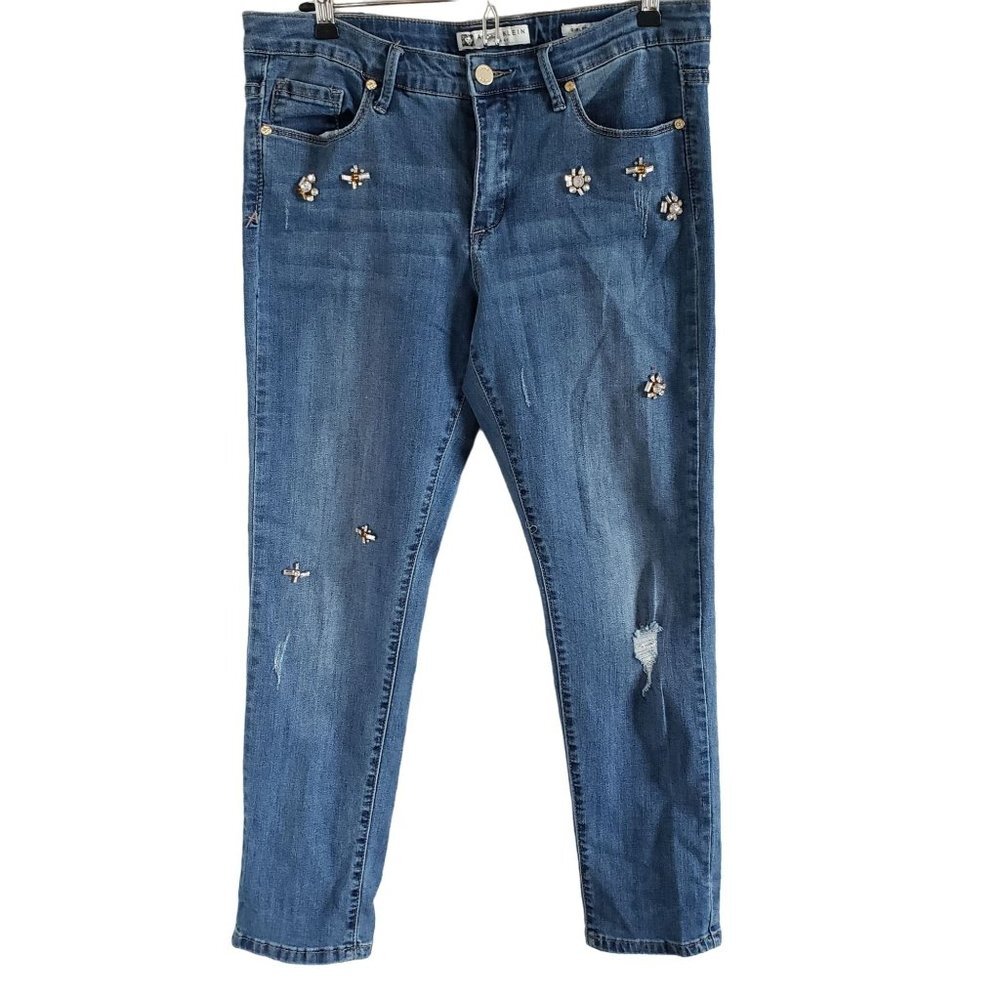 Anne Klein Woman Size 6 Girlfriend Jeans with Jeweled Design and Mild Distressin